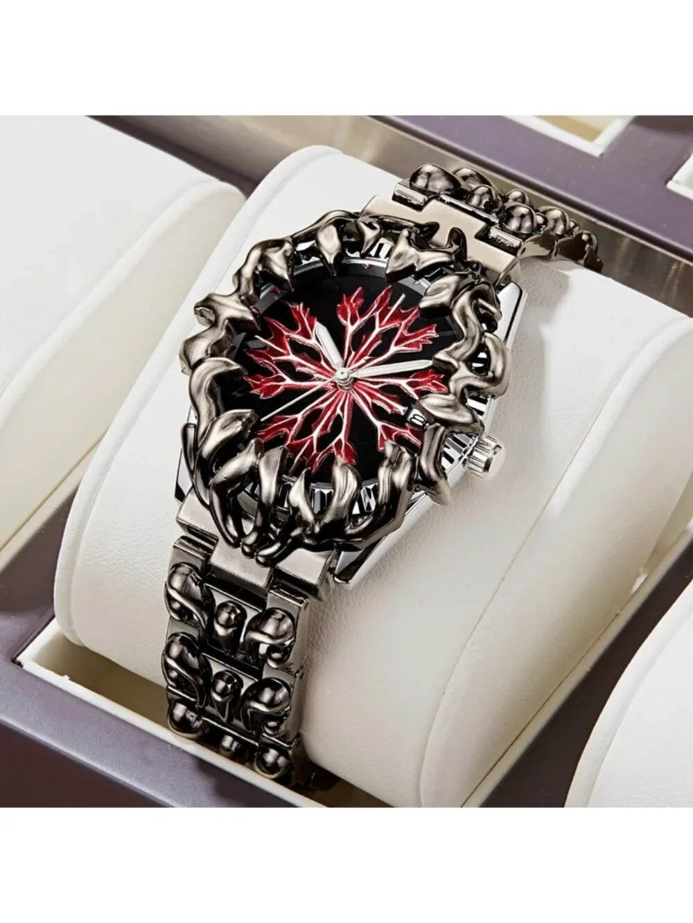 Men Red Dial Quartz Gothic Claw Unique Stainless Steel Luminous Waterproof Watch